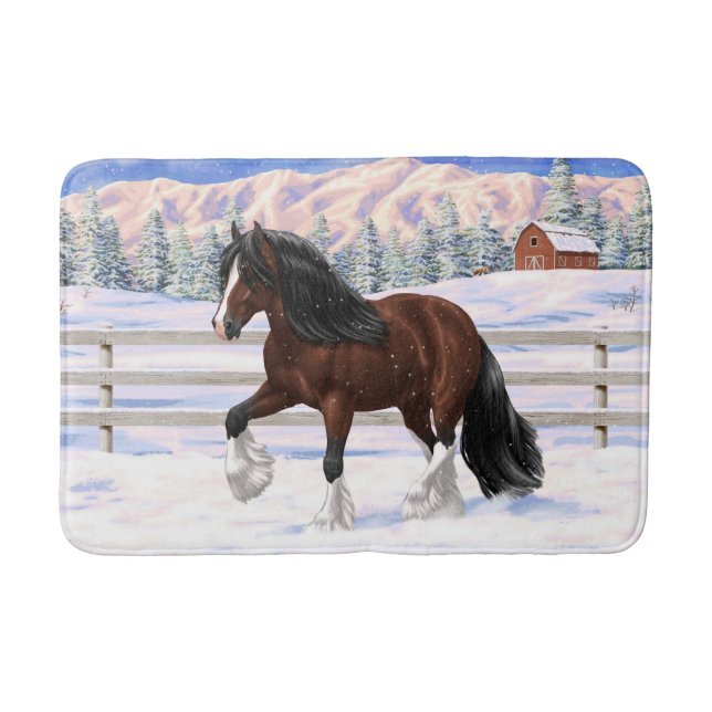 Brown Bay Gypsy Vanner Draught Horse In Snow Bath Mat (Front)