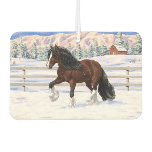 Brown Bay Gypsy Vanner Draught Horse In Snow Car Air Freshener