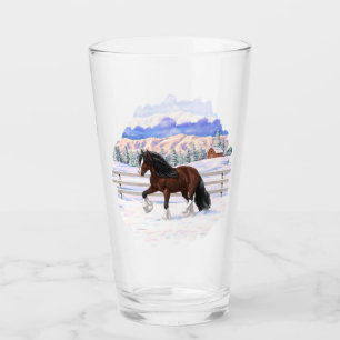 Brown Bay Gypsy Vanner Draught Horse In Snow Glass