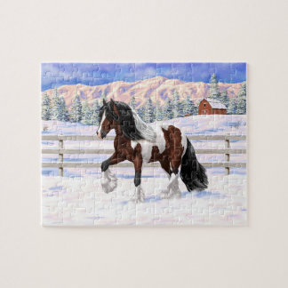 Brown Bay Pinto Gypsy Vanner Draft Horse In Snow Jigsaw Puzzle