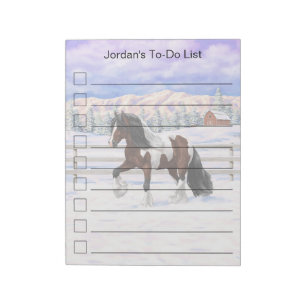 Brown Bay Pinto Gypsy Vanner Draft Horse In Snow Notepad