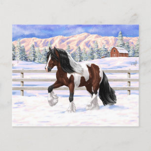 Brown Bay Pinto Gypsy Vanner Draught Horse In Snow
