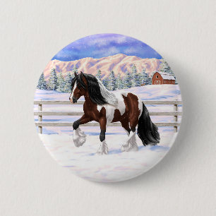 Brown Bay Pinto Gypsy Vanner Draught Horse In Snow 6 Cm Round Badge
