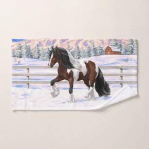 Brown Bay Pinto Gypsy Vanner Draught Horse In Snow Bath Towel Set