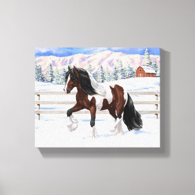Brown Bay Pinto Gypsy Vanner Draught Horse In Snow Canvas Print (Front)