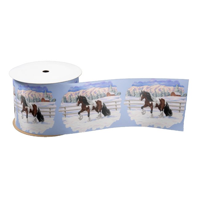 Brown Bay Pinto Gypsy Vanner Draught Horse In Snow Satin Ribbon (Spool)