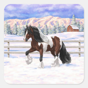 Brown Bay Pinto Gypsy Vanner Draught Horse In Snow Square Sticker