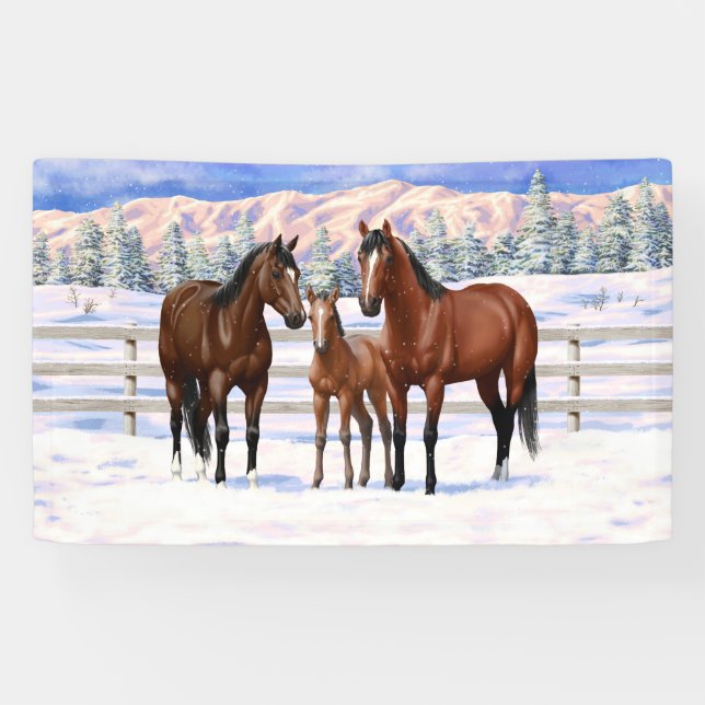 Brown Bay Quarter Horses In Snow Banner (Horizontal)