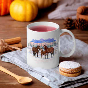 Brown Bay Quarter Horses In Snow Coffee Mug