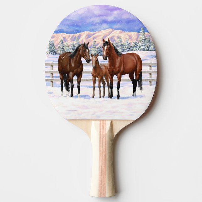 Brown Bay Quarter Horses In Snow Ping Pong Paddle (Front)