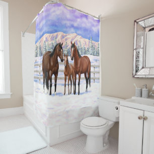 Brown Bay Quarter Horses In Snow Shower Curtain
