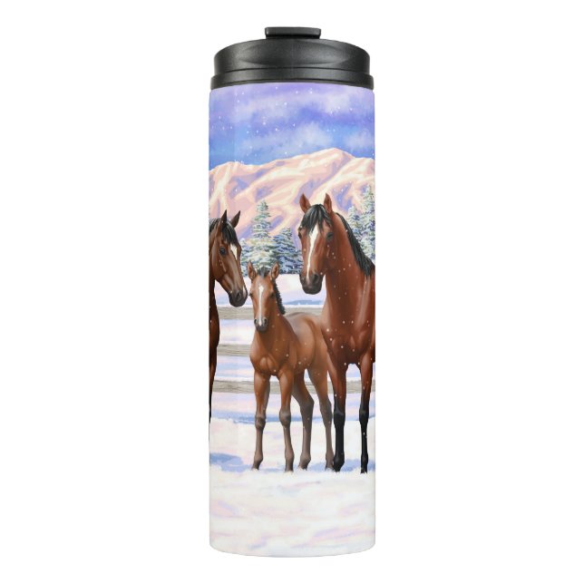 Brown Bay Quarter Horses In Snow Thermal Tumbler (Front)