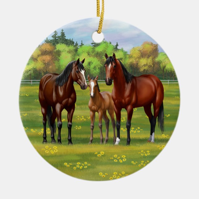 Brown Bay Quarter Horses In Summer Pasture Ceramic Tree Decoration (Front)