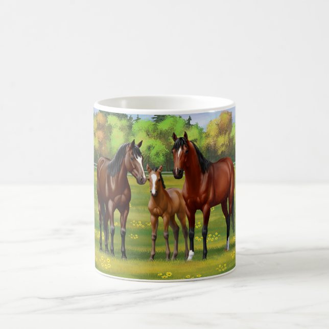 Brown Bay Quarter Horses In Summer Pasture Coffee Mug (Center)