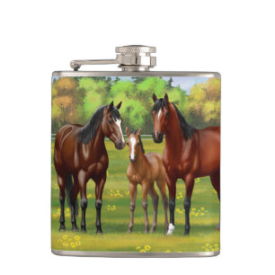 Brown Bay Quarter Horses In Summer Pasture Hip Flask