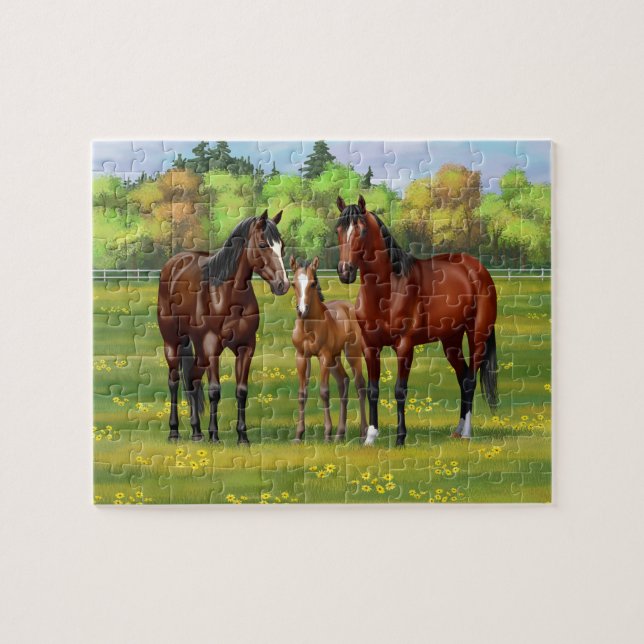 Brown Bay Quarter Horses In Summer Pasture Jigsaw Puzzle (Horizontal)