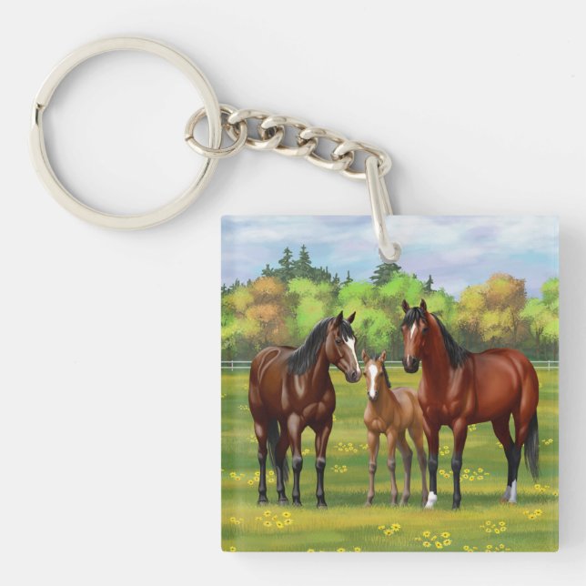Brown Bay Quarter Horses In Summer Pasture Key Ring (Front)