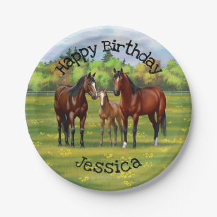 Brown Bay Quarter Horses In Summer Pasture Paper Plate
