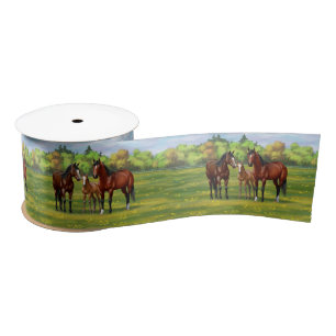 Brown Bay Quarter Horses In Summer Pasture Satin Ribbon