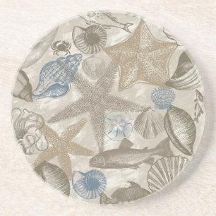 Brown Beach Blue Shells Ocean   Coaster