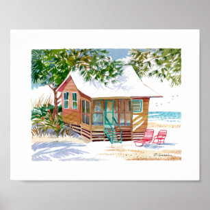 Brown Beach Cottage Watercolor Tropical Poster