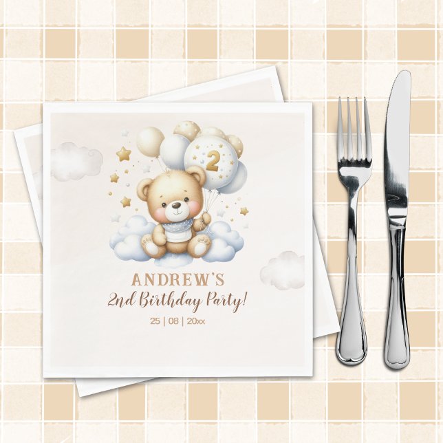 Brown Bear and Balloons Second Birthday Party  Napkin (Creator Uploaded)