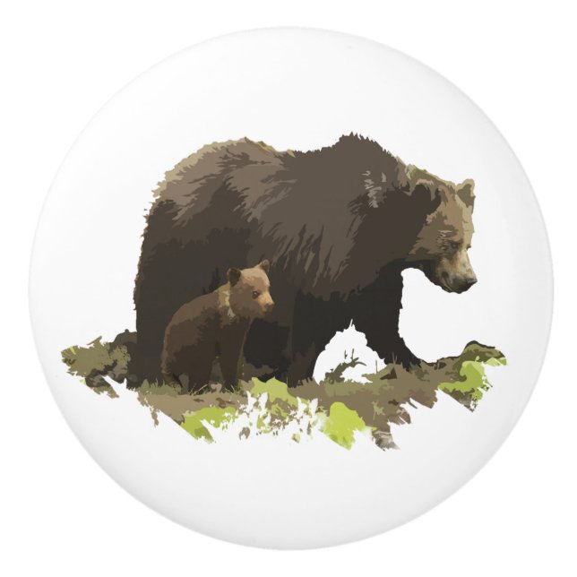 Brown Bear and Cub Wildlife Animal Nature art Ceramic Knob (Front)