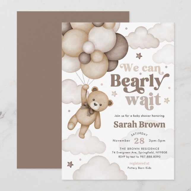 Brown Bear Balloon Baby Shower Invitation (Front/Back)