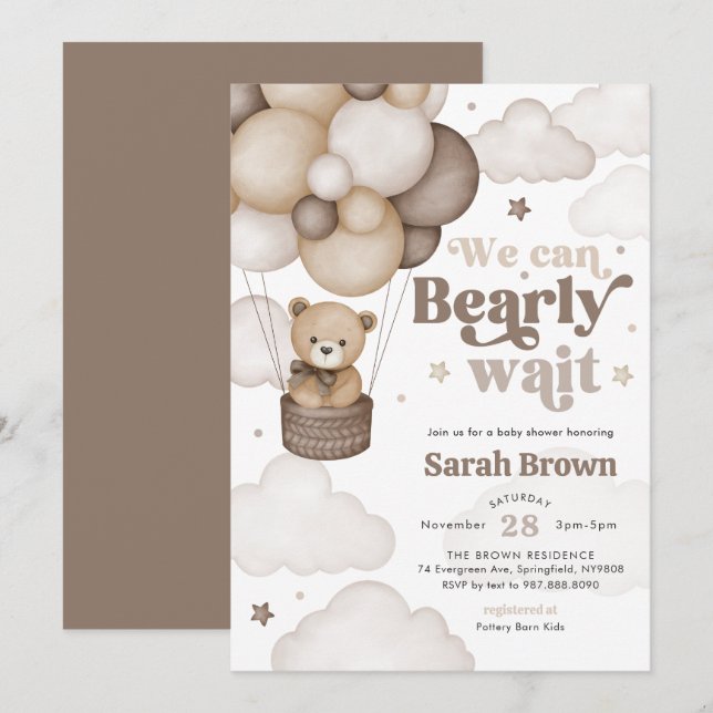 Brown Bear Balloon Baby Shower Invitation (Front/Back)