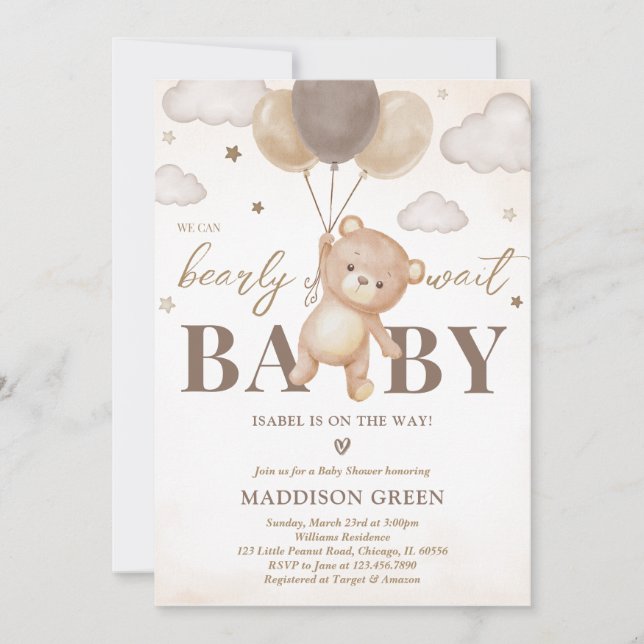 Brown Bear Balloon Baby Shower Invitation (Front)