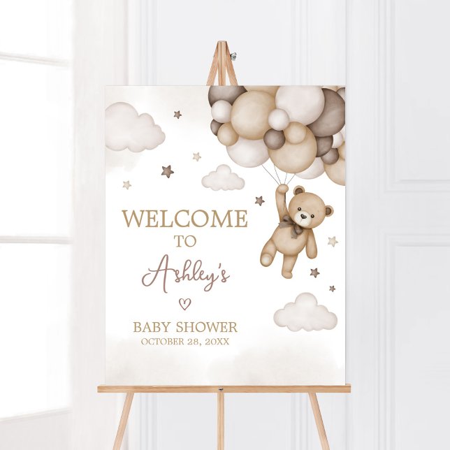 Brown Bear Balloon Baby Shower Welcome Poster (Brown Boho Bear Baby Shower  Welcome Sign)