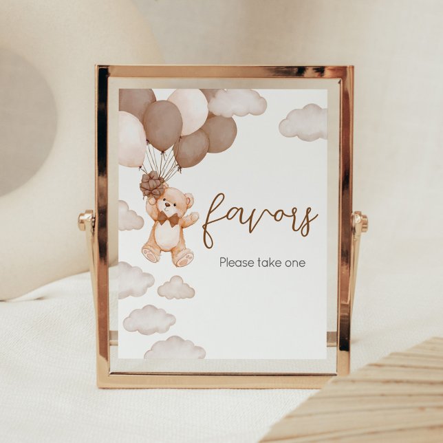 Brown Bear Balloon Bearly Wait Baby Shower Favours Poster (Brown Baby Bear Balloon Baby Shower Favors Sign)