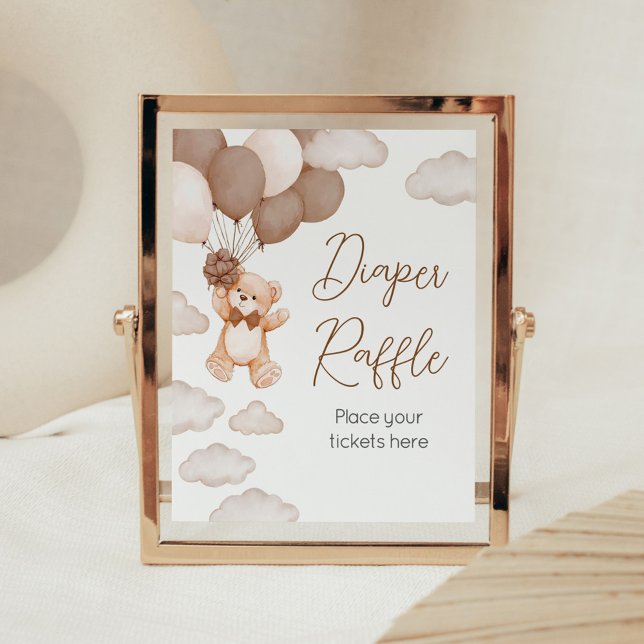 Brown Bear Balloon Bearly Wait Diaper Raffle Poster (Brown Baby Bear Balloon Baby Shower Diaper Raffle Sign)