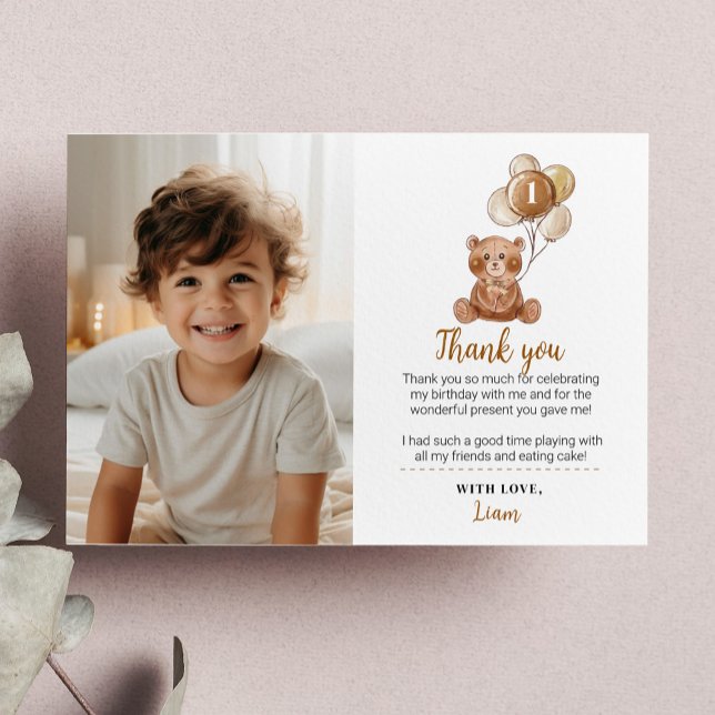 Brown Bear Balloon Birthday Photo Thank You Card (Creator Uploaded)