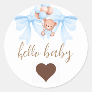 Brown Bear Blue Bow Baby Shower Classic Round Sticker