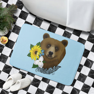 Brown Bear Blue Flowers Feather Bath Mat
