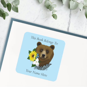 Brown Bear Blue Flowers Feather Bookplate Square Sticker