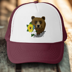 Brown Bear Blue Flowers Feather Trucker Hat