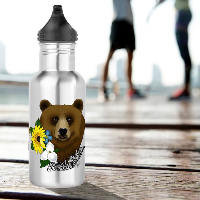 Brown Bear Blue Flowers Feather Wildlife 532 Ml Water Bottle (Creator Uploaded)