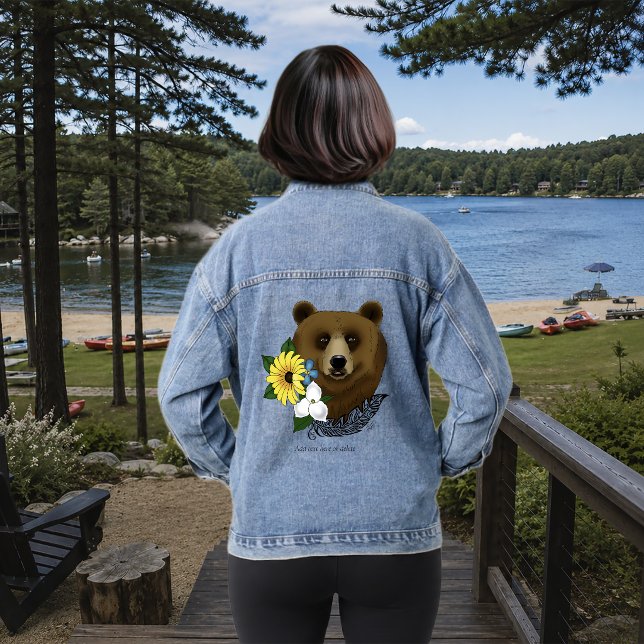 Brown Bear Blue Flowers Feather Wildlife Denim Jacket (Creator Uploaded)