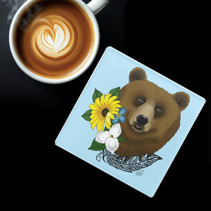 Brown Bear Blue Flowers Feather Wildlife Glass Coaster