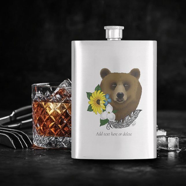 Brown Bear Blue Flowers Feather Wildlife Hip Flask (Creator Uploaded)