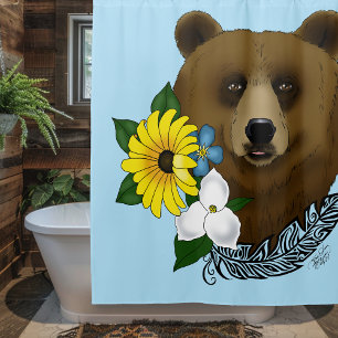 Brown Bear Blue Flowers Feather Wildlife Shower Curtain