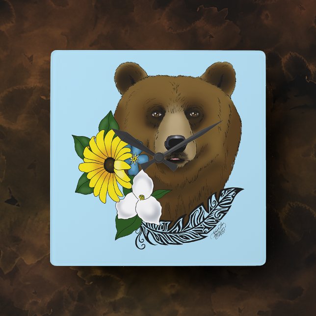 Brown Bear Blue Flowers Feather Wildlife Square Wall Clock (Creator Uploaded)