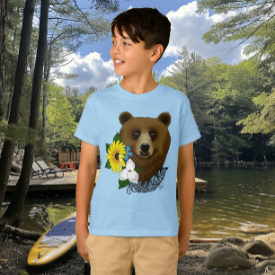 Brown Bear Blue Flowers Feather Wildlife T-Shirt