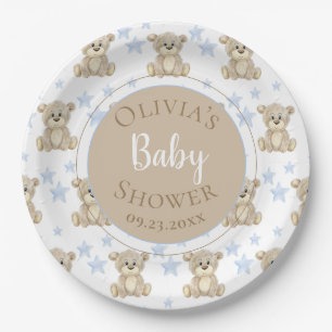 Brown Bear Blue Stars Watercolor Baby Shower Paper Plate