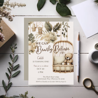 Brown Bear boho botanical first birthday Invitation