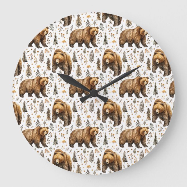 Brown Bear Cabin Decor Woodland   Large Clock (Front)