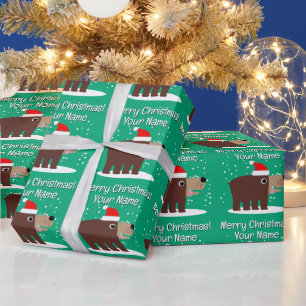 Brown bear cartoon with santa hat custom Christmas Wrapping Paper