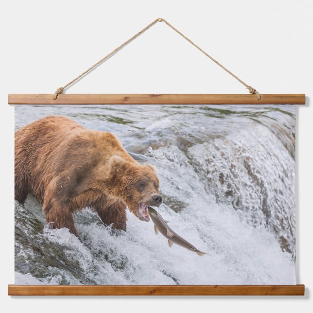 Brown Bear Catches Red Salmon Hanging Tapestry (Front)
